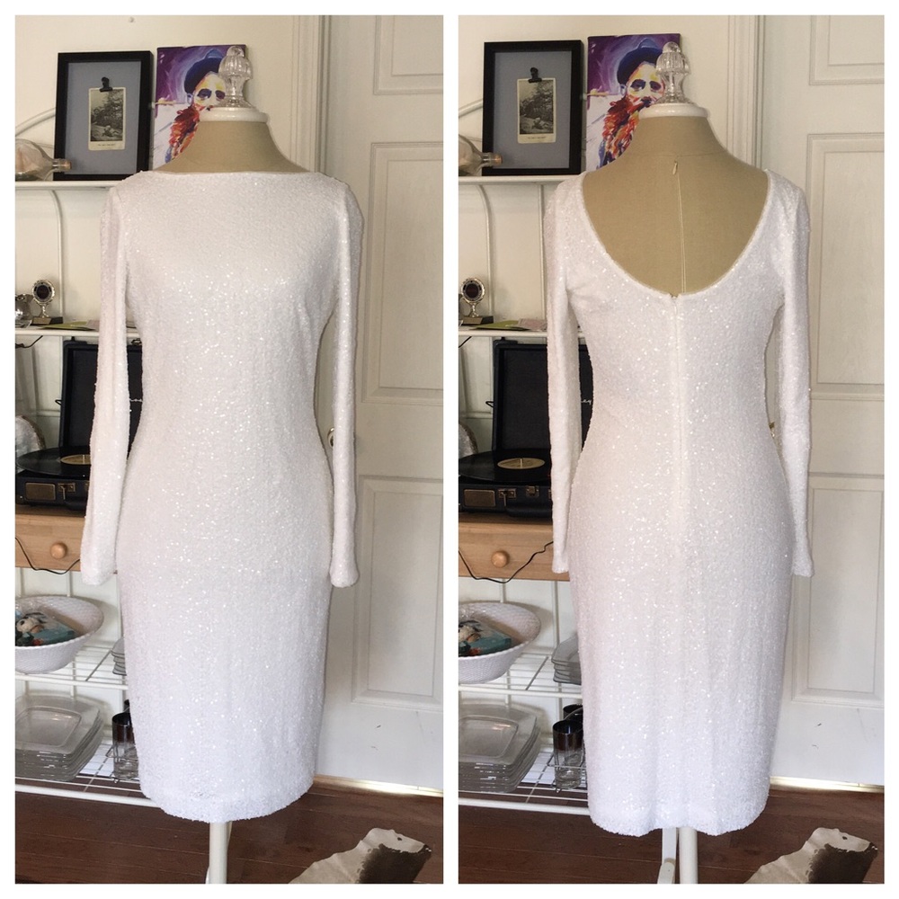 Long Sleeved White Sequin Party Dress - Wedding